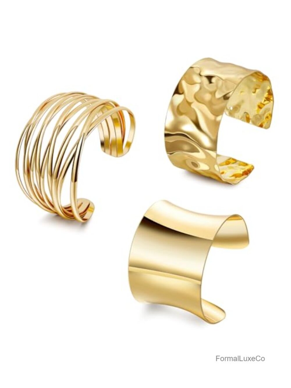 3pc Chunky Gold Cuff Bracelet Set Open Wide Bangle Stackable Wrap Jewelry